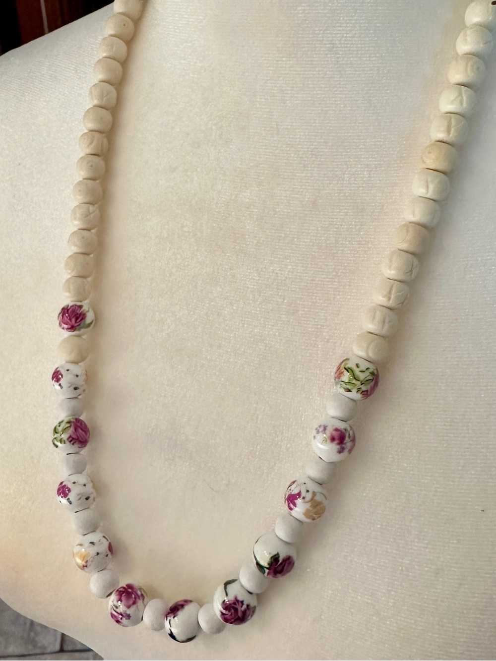 Vintage Mid Century Handmade Floral and Bone Bead Necklace - 24”